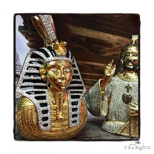 Solid 14K Yellow Gold Prong Bezel Diamond Pharaoh King Tut Pendant