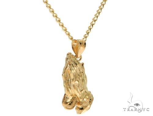 10K Yellow Gold Praying Hands Charm 24 Inches Cuban Link Chain Set 