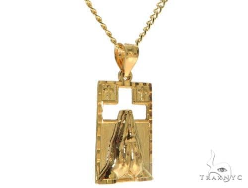 10K Yellow Gold Praying Hands Worship Charm 20 Inches Cuban Link Chain Set  61820