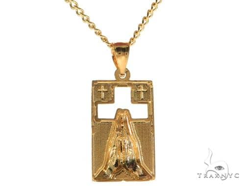 10K Yellow Gold Praying Hands Worship Charm 20 Inches Cuban Link Chain Set  61820